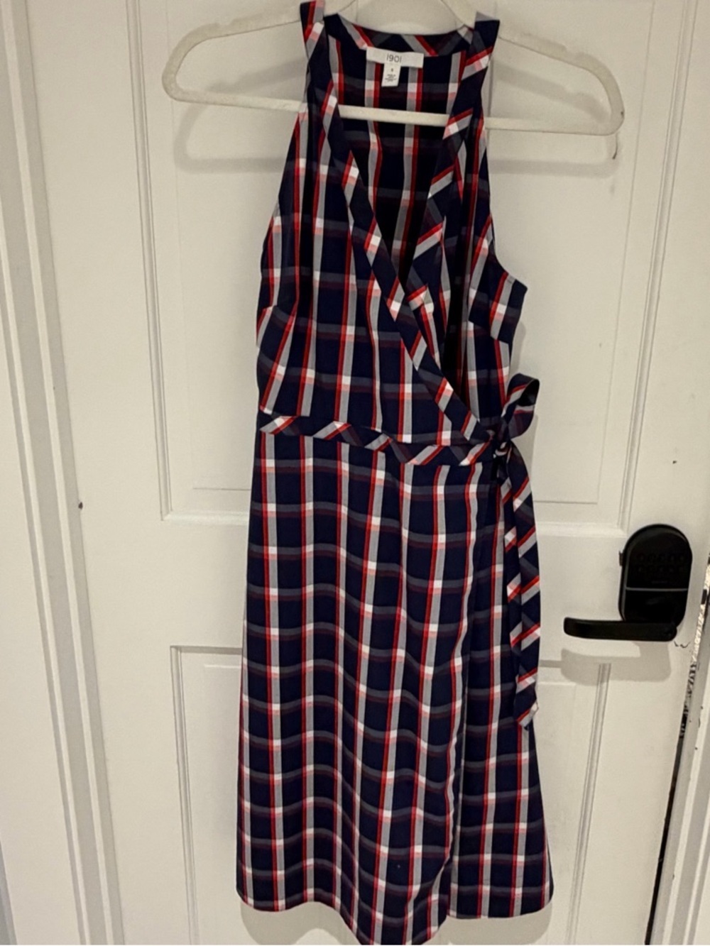 Navy Plaid Wrap Midi Dress - Sleeveless